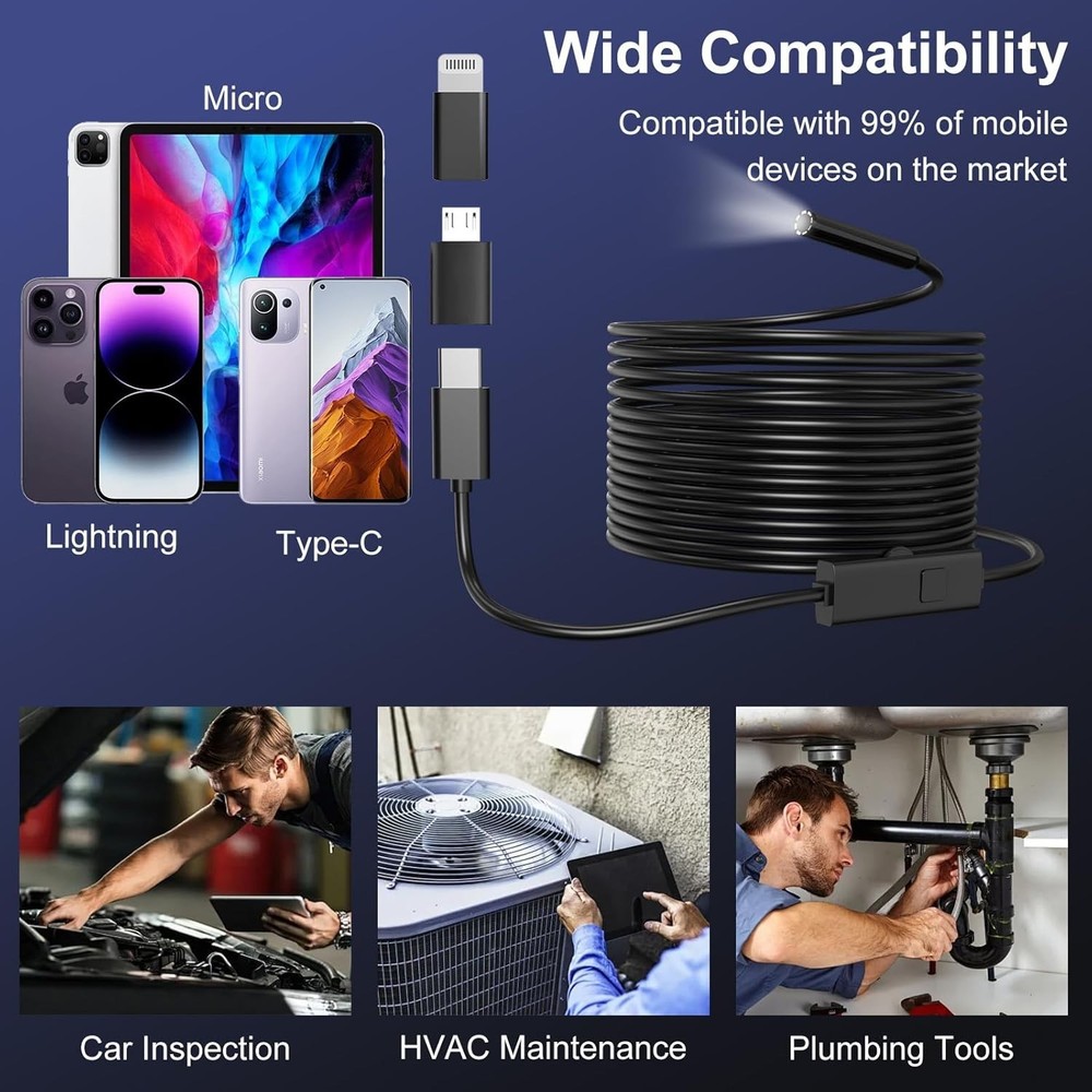 Endoscope Camera with Light, 1920P HD Borescope Inspection Camera with 8 Adjusta