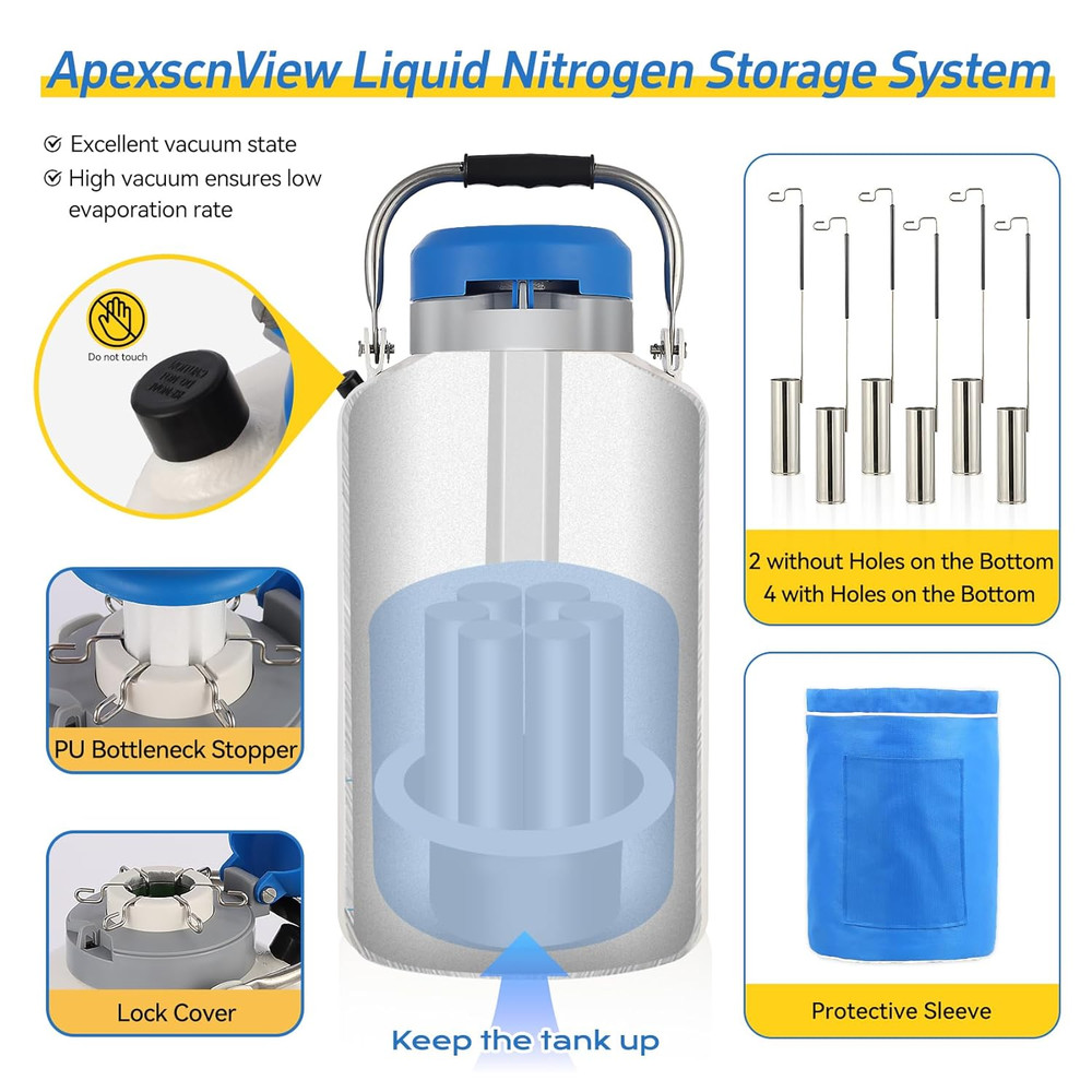 3L Liquid Nitrogen Tank, Cryogenic Dewar Container with 6 Canisters & Carry Bag