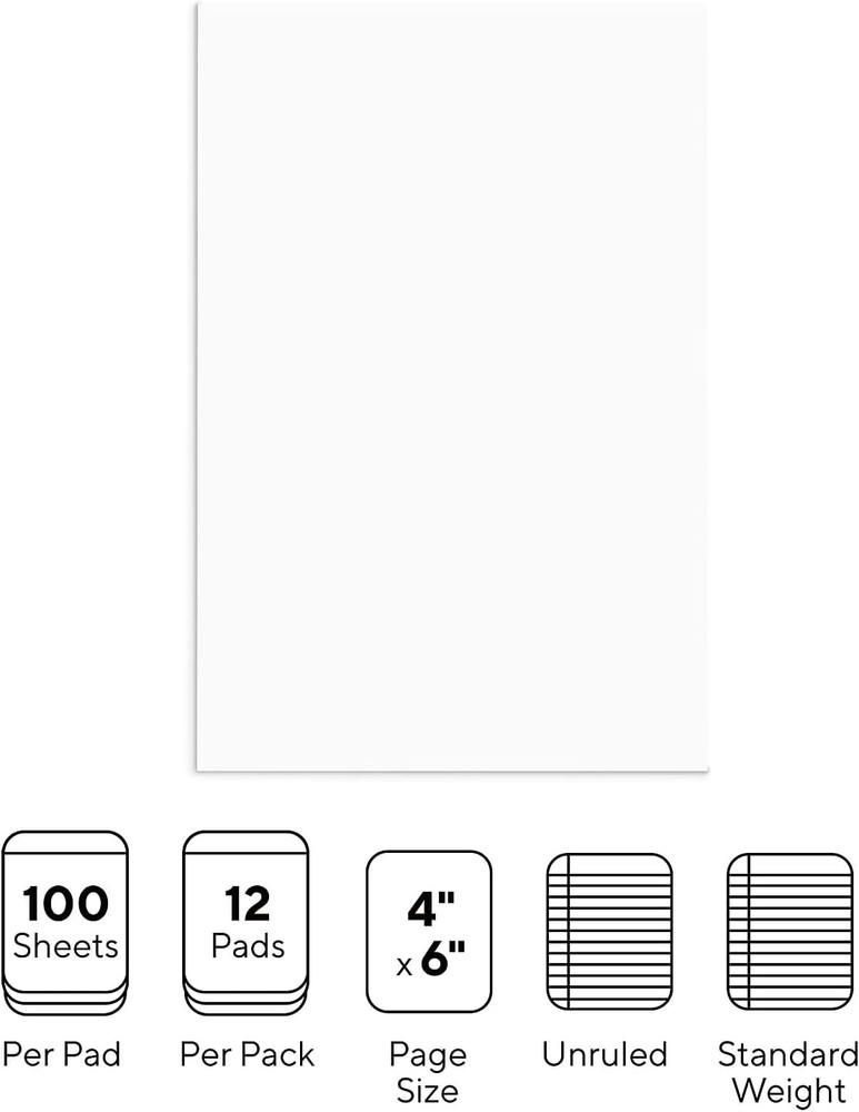 Notepads, 4” X 6”, Unruled, White, 100 Sheets/Pad, 12‑Pack
