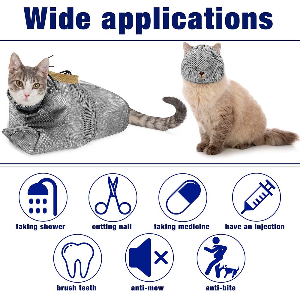 2 PCS Gray Cat Grooming Bag with Breathable Mesh Muzzle Restraint for Bathing