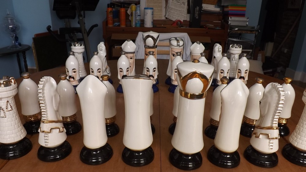 Mid-Century Hand Painted Chess Set