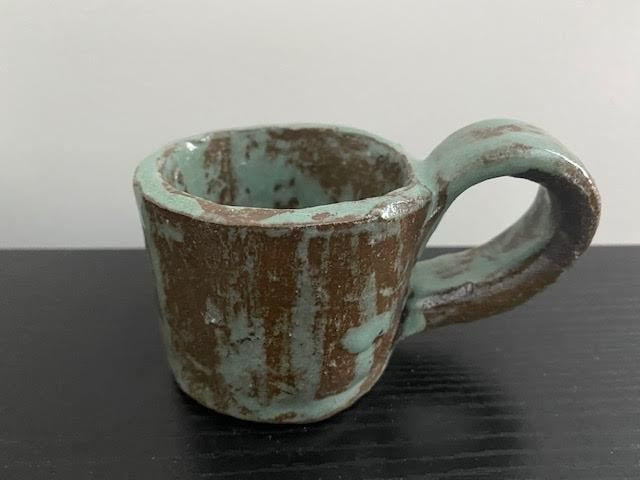 Pottery Handmade Candle Holder Handheld with Handle Rustic Blue Brown Small