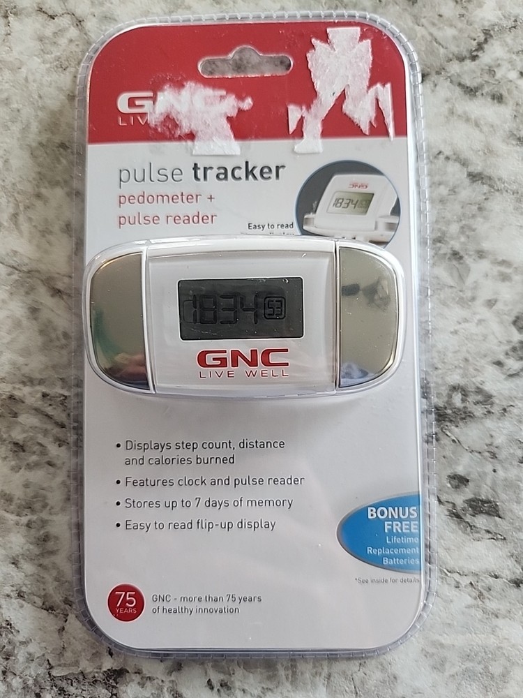 NWT GNC - Pedometer & Pulse Reader - White/silver Step Count, Distance, Calories