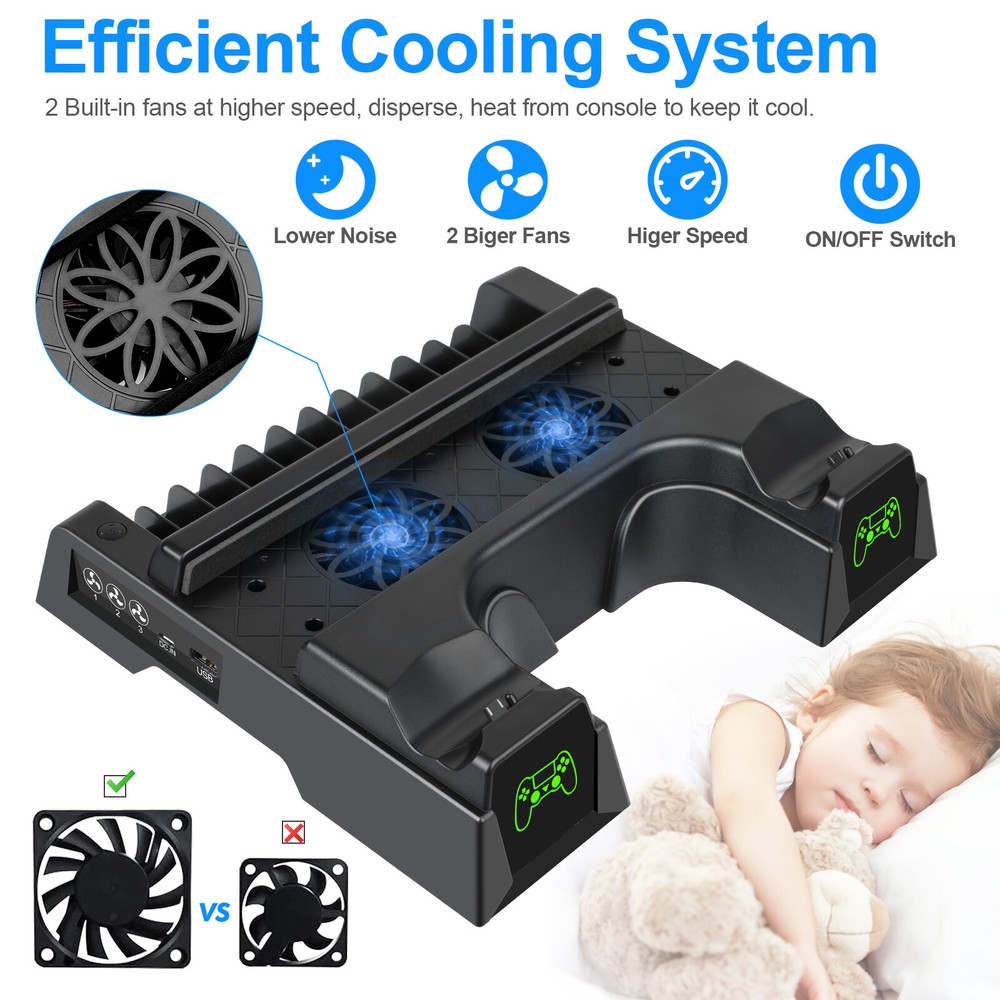 For PS4 Pro / Slim Vertical Stand + Cooling Fan Controller Charging Dock Station