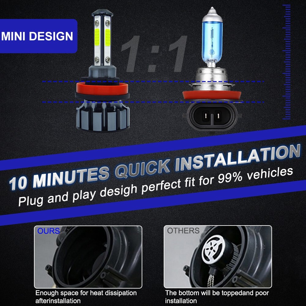 4-Sides H11 LED Headlight Kit Low Beam Bulb Super Bright 6500K White 1000000LM