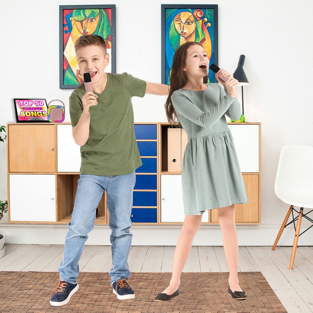 Laser Mini Karaoke Speaker 2 Wireless Mics Bluetooth Pink