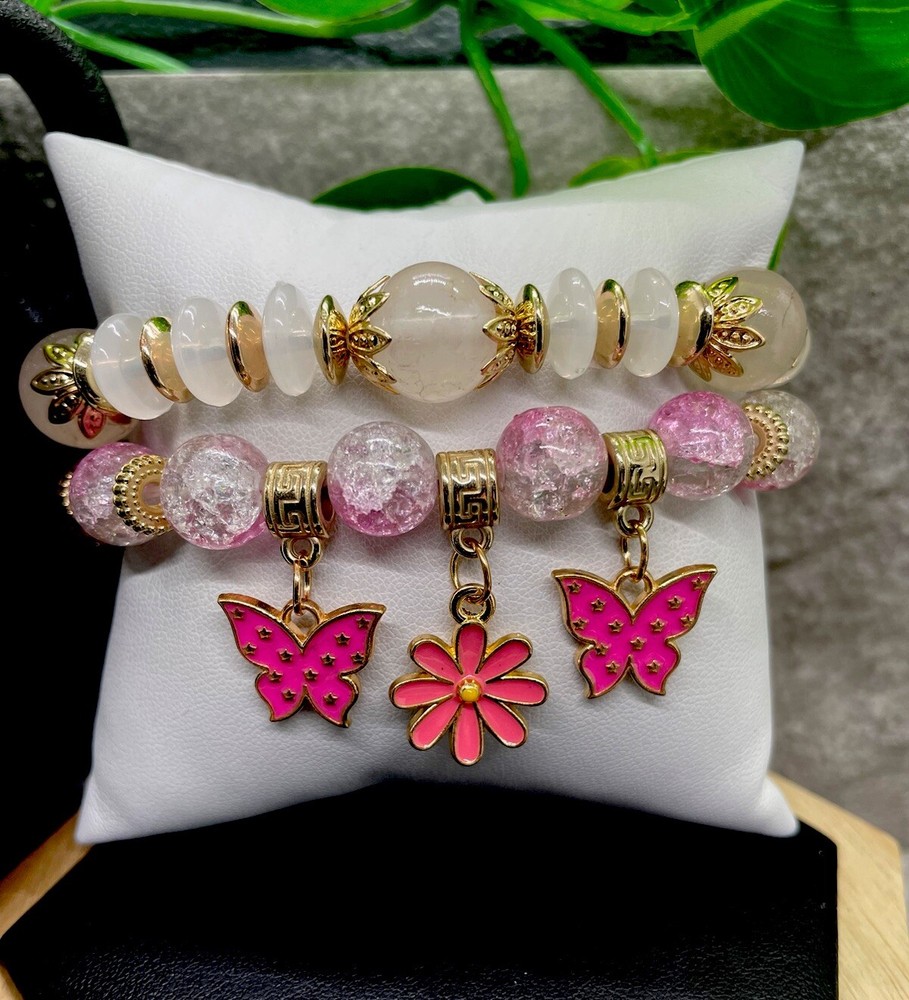 2 PC Handmade Boho Beaded Stackable 6.5” Plus Stretch Bracelet Set New B1343