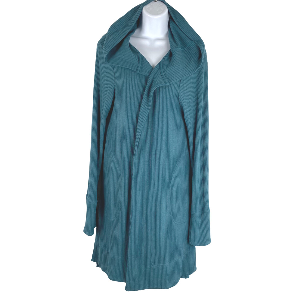 Athleta Harmony Pose Wrap Open Cardigan Medium Hooded Ribbed Teal CJ-1537