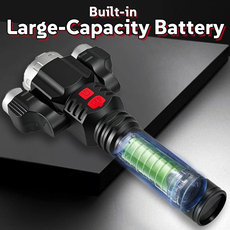 Super Bright 3 Head LED Flashlight Rechargeable Tactical Flashlights Work Light