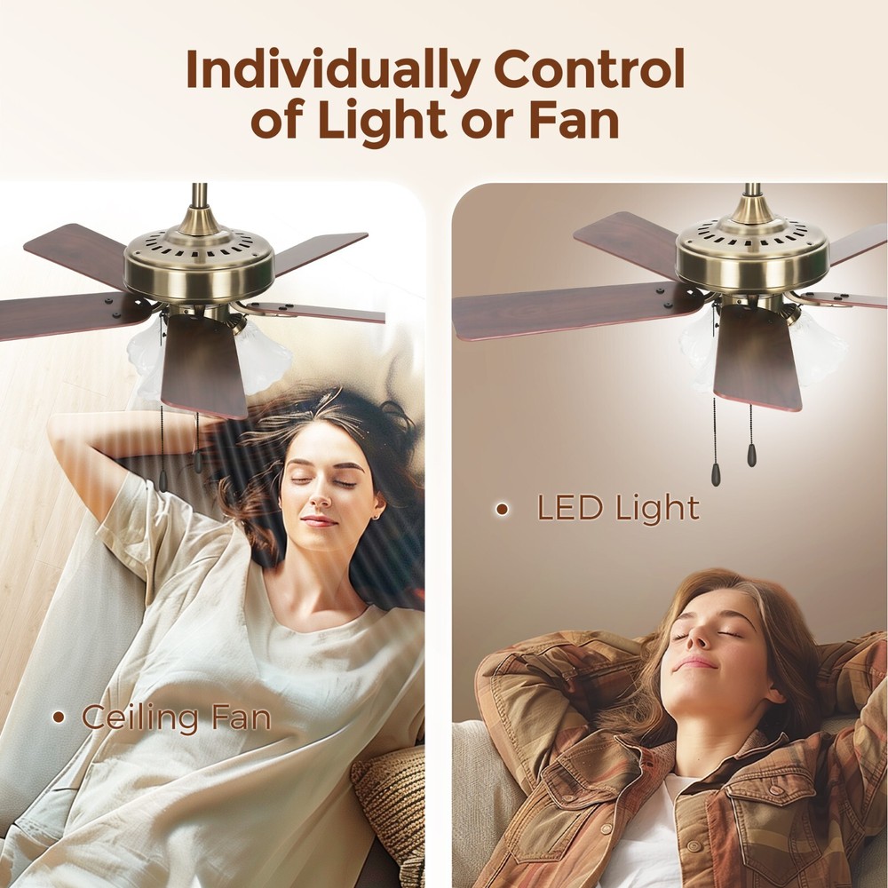 42'' Ceiling Fan with Light Ceiling Fan Light Kit 5 Blades 3 Speeds Pull Chain