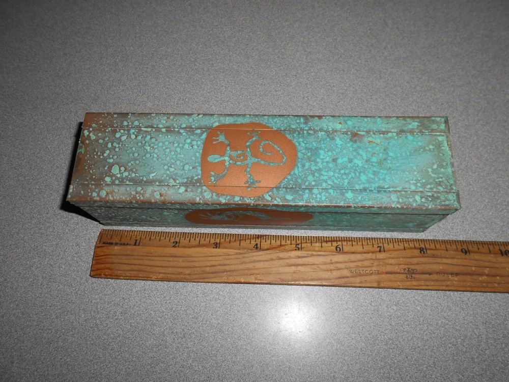 Southwest pattern handcrafted copper matchstick holder 8 inch pre owned
