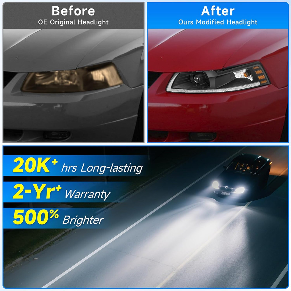 LED DRL SEQ Headlight Assembly Replacement for 1999-2004 Ford Mustang 1999 2000