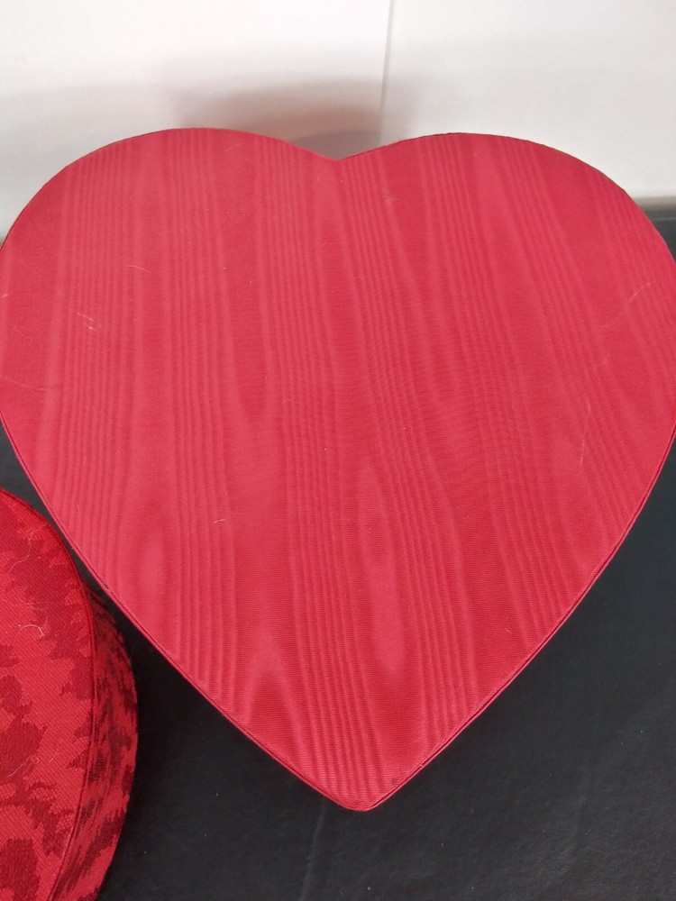 2 Red Fabric Covered Stacking Nesting Heart Boxes Satin Moire & Brocade Wedding
