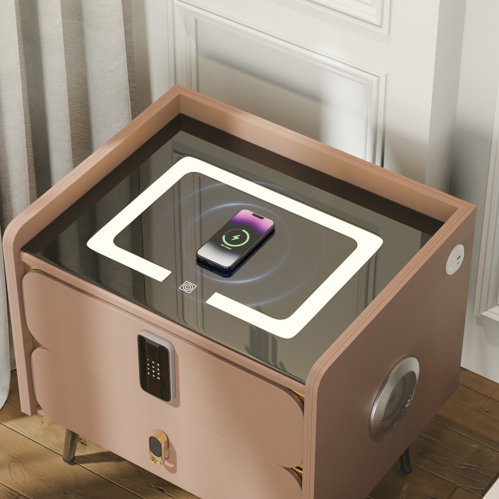 20" Tall Smart nightstand with combination lock &Bluetooth player(Light coffee)