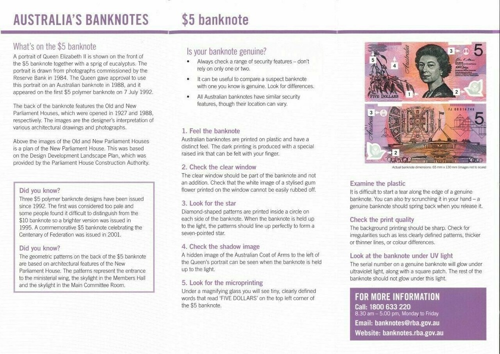 2006-2016 Australian Last Old & Next Gen $5 Polymer Series RBA Fact Sheet issues
