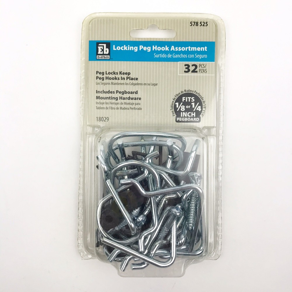 Everbilt Locking Peg Hook Assortment 1/8 & 1/4 Pegboard 32 Pcs Mounting Hardware