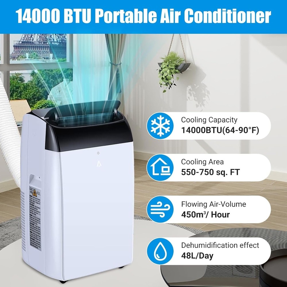14000 BTU Portable AC Windowless, Cools 750 Sq Ft, Quiet & Includes Remote & Kit