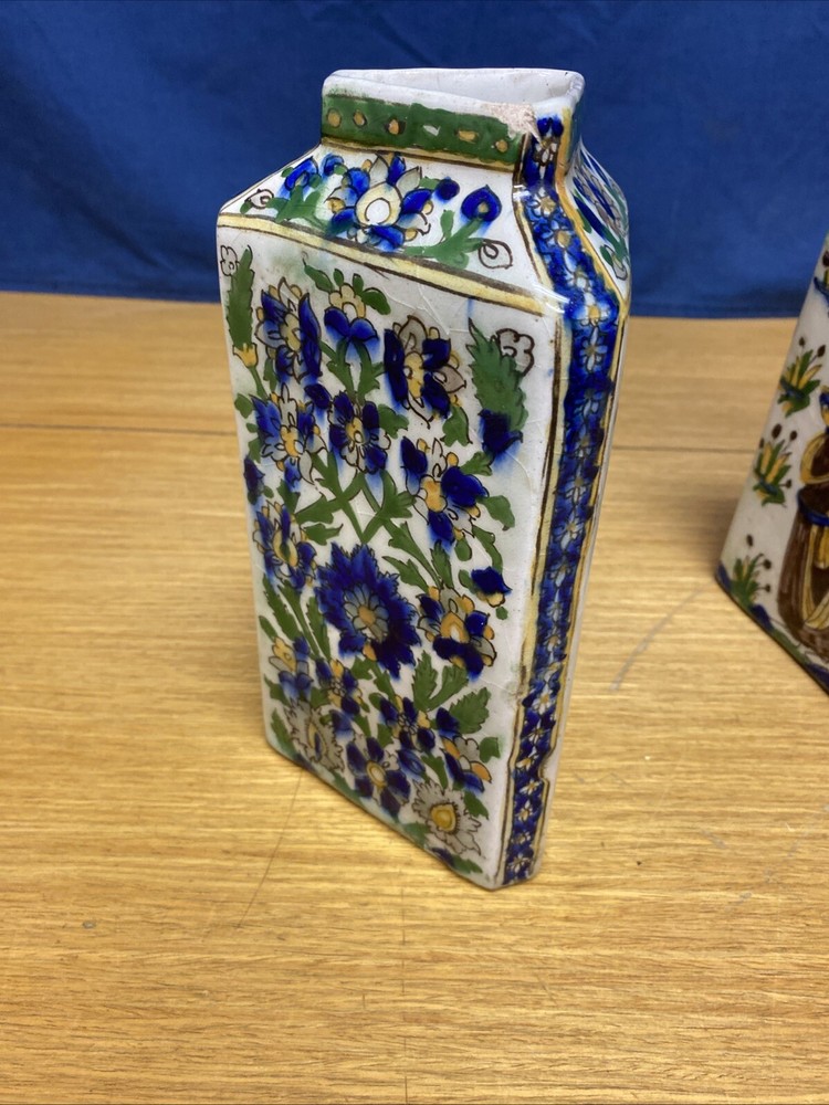 2 Antique Persian Qajar Pottery 9” Triangular 19th Century Vases
