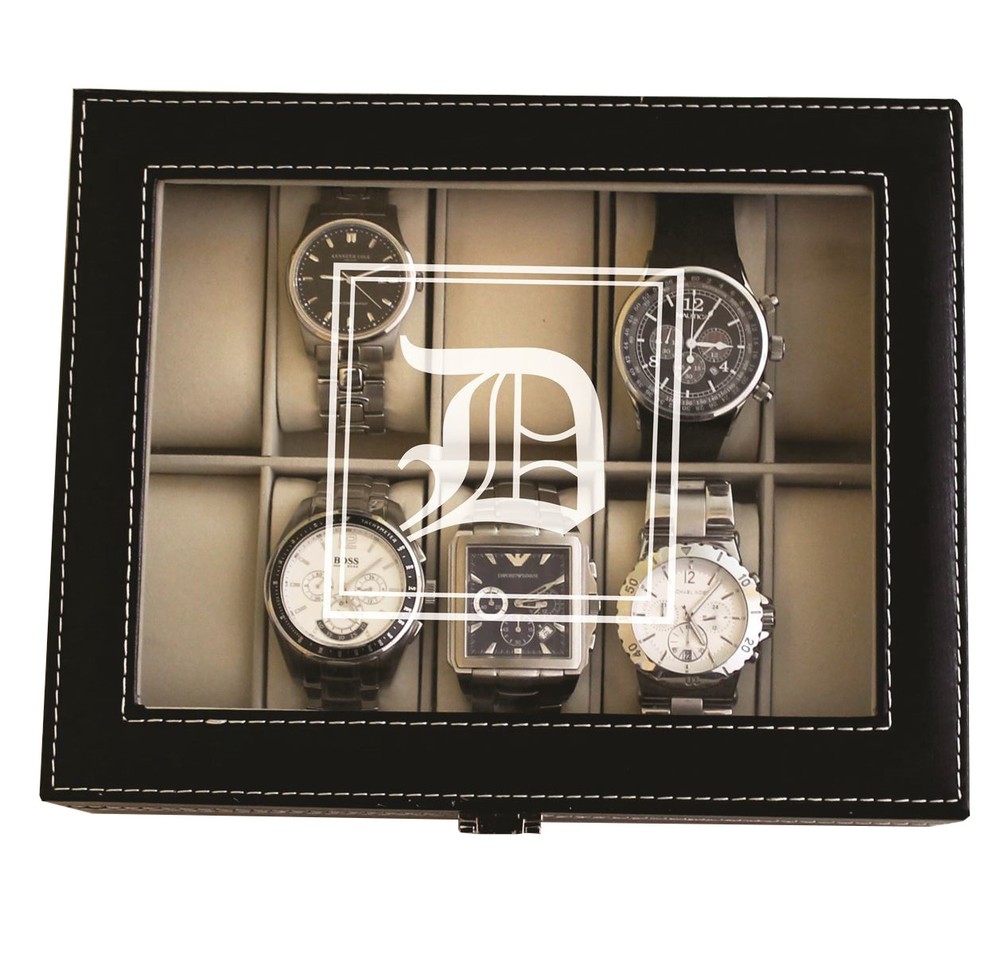 Personalized Black Watch Storage Box with Initial