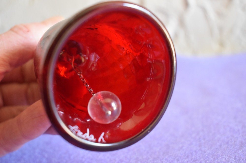 Fenton Glass Small Ruby Red Optic Bell Hand Painted Floral Scene Signed Freda K