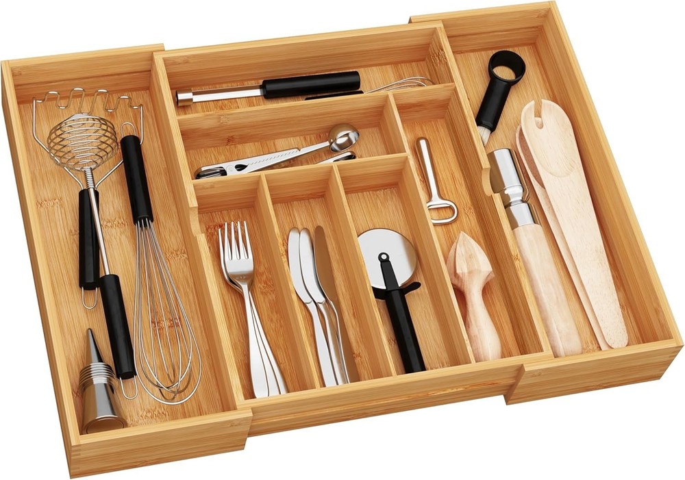Elegant Bamboo Silverware Organizer - 3" Deep, 8-Cmp Multi-Functional Design