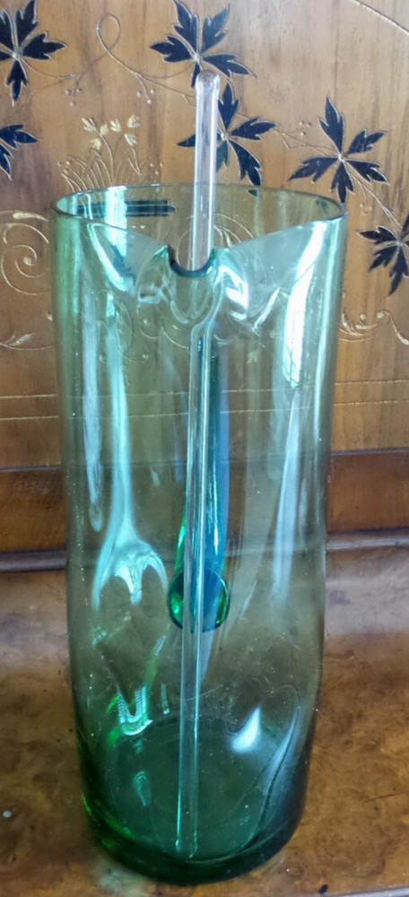 Retro Handblown Green Martini Cocktail Pitcher 11" applied Handle & stir stick