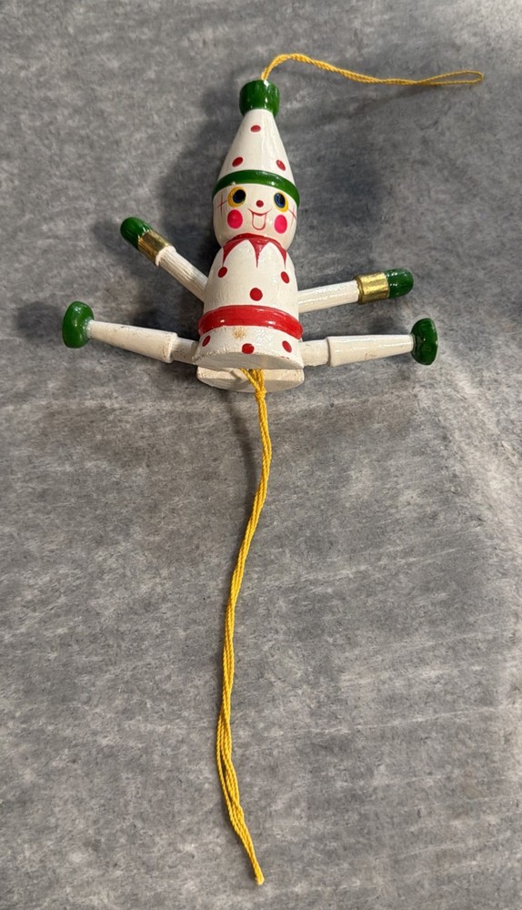 Vintage Wooden Painted Clown Jester Jumping Jack String Pull Toy