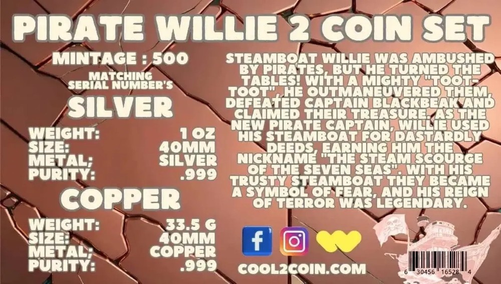 PIRATE WILLIE 2 COIN SET 1 OZ SILVER & 33.5G COPPER
