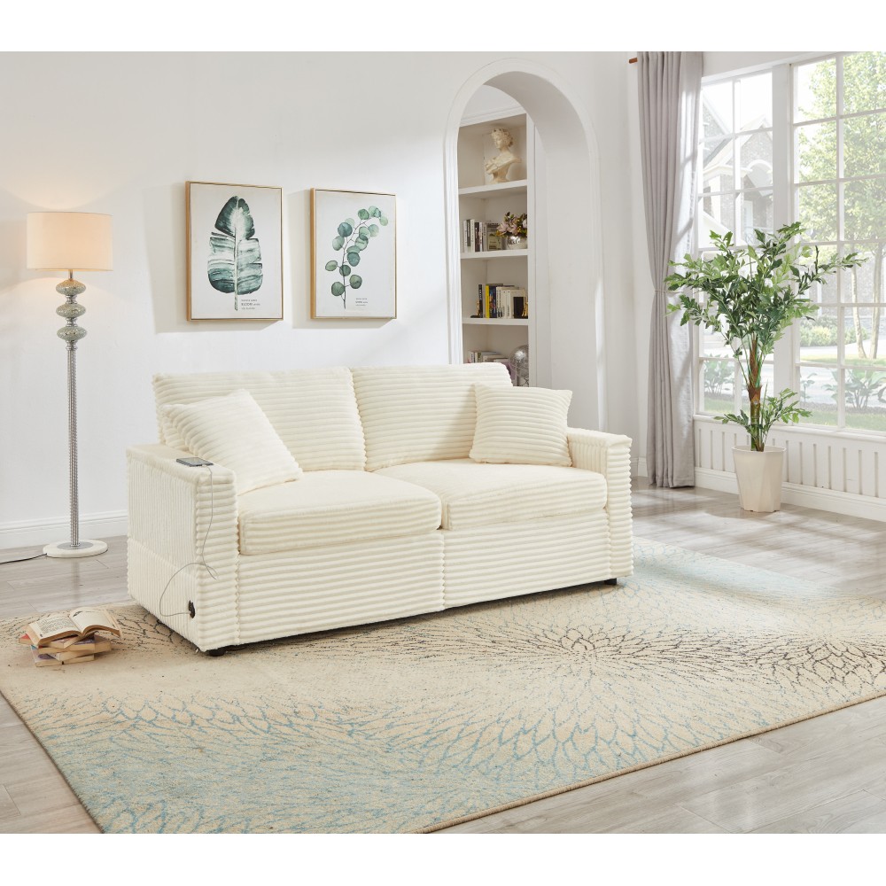 Soft Corduroy Storage Sofa w/ Ottomans & Table Board, White