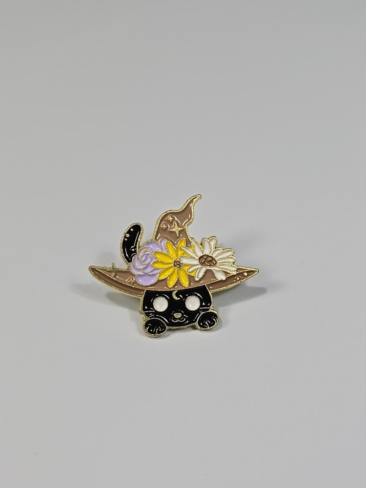 Black Cat With Flower Hat Lapel Pin Small Size