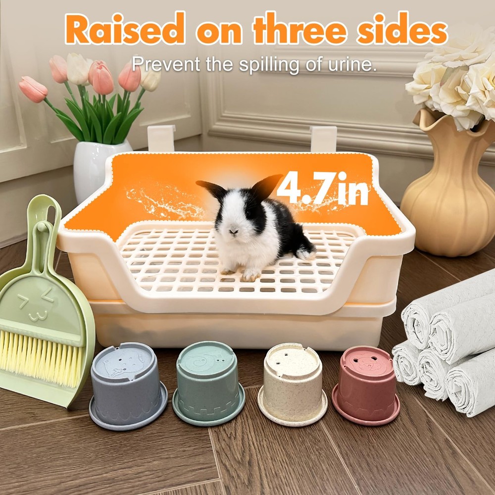 Large Rabbit Litter Box w/Plastic Grid & Dump Tray-Bunny Litter Pan Small Ani...