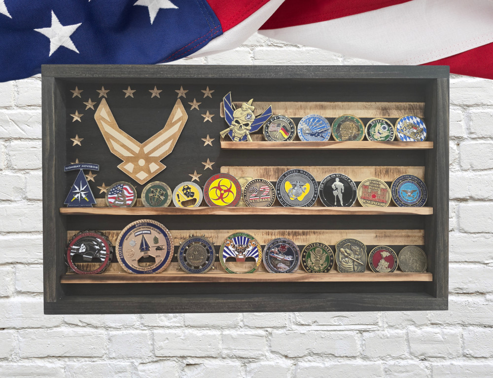 US Air Force Challenge Coin Display Rack Holder - Rustic American Flag - USAF