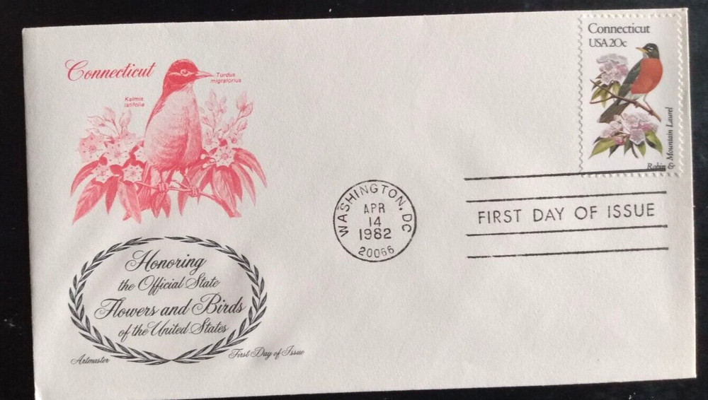 CONNECTICUT BIRD & FLOWER 1982 ROBIN & LAUREL  ARTMASTER CACHET FDC UNADDR