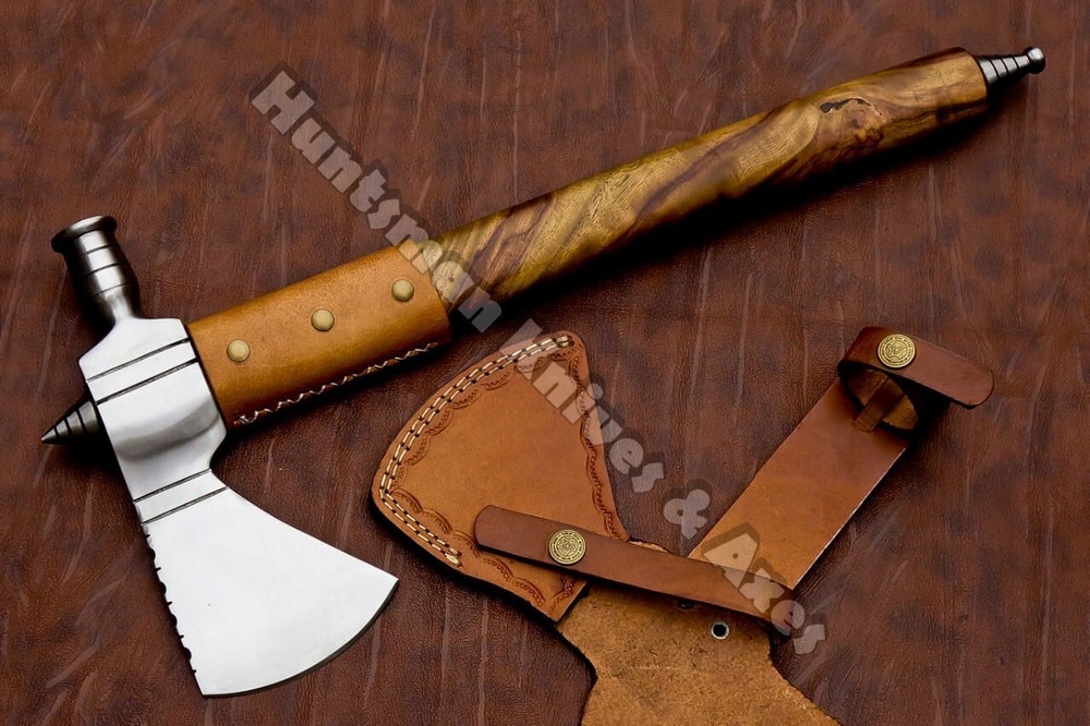 Forged Damascus Steel American Native functional Smoke pipe Tomahawk ( pole Axe)