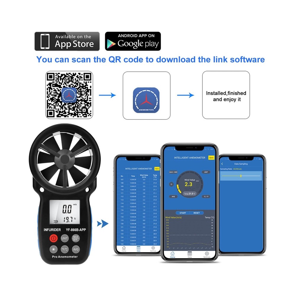Digital Wireless Anemometer with APP via Bluetooth, Handheld Wind Speed Meter...