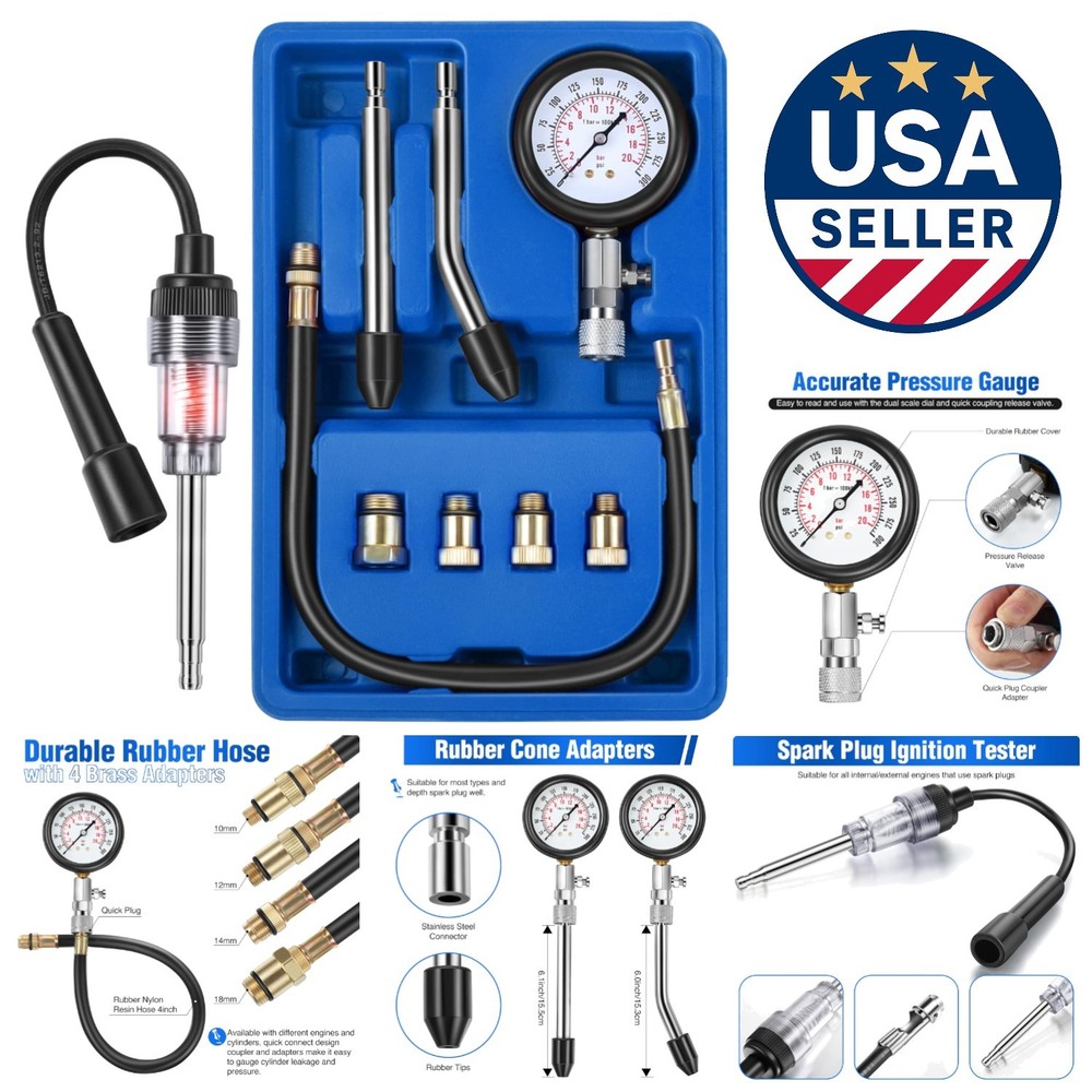 9-Piece Automotive Compression Tester Kit with Spark Plug Tester - Universal Use