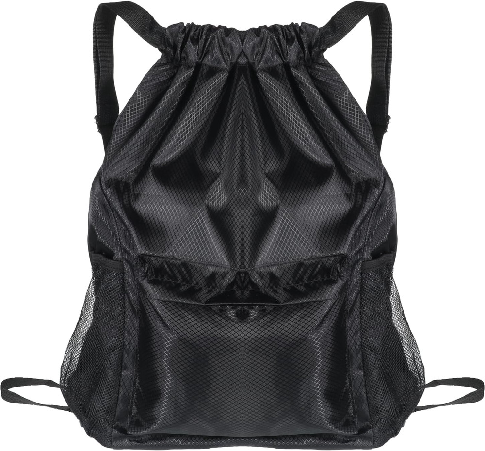 String Backpack, Sports Gym Drawstring Backpack with Water Bottle Pocket Black W
