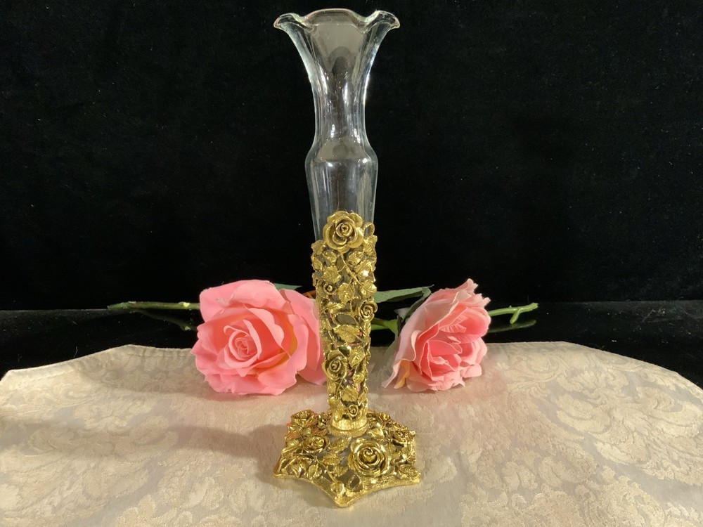Vintage Matson Rose Ormolu Hollywood Regency Bud Vase 8 1/2"