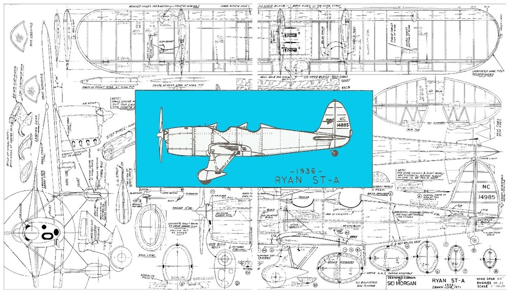 Model Airplane Plan (RC): Ryan ST-A 1/6 Scale 60" for .45-.61 by Sid Morgan