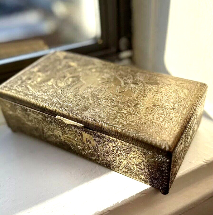 HAND TOOLED ENGRAVED SOLID BRASS STASH BOX CHEST ELEPHANT OX LION ELK HUNTER