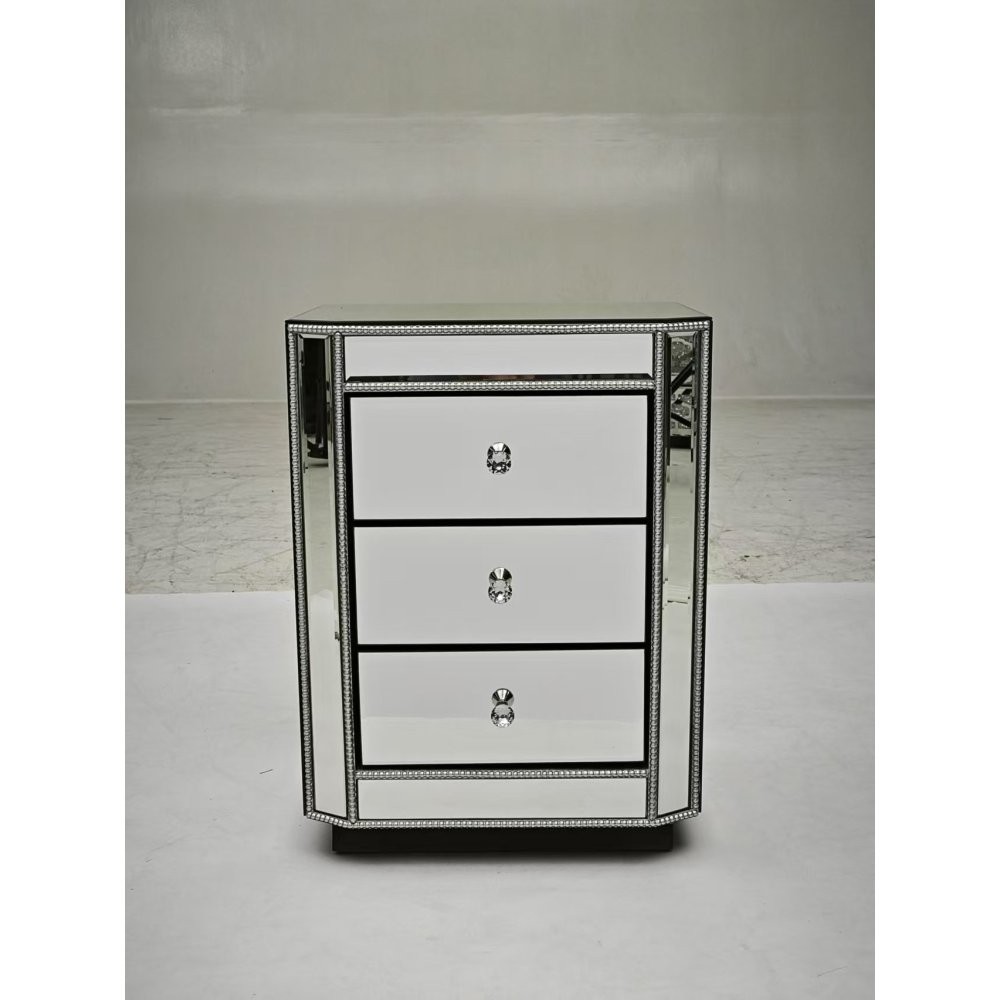Modern Silver Mirrored Nightstand with 3 Drawers Bedside Table End Side Cabinet