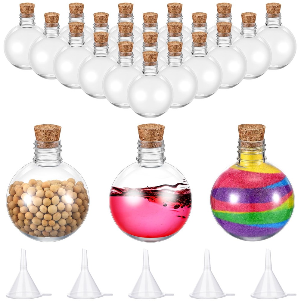 24 PCS Brown Spherical Plastic Potion Bottles 3.4 Oz Cork Stopper 5 Funnels