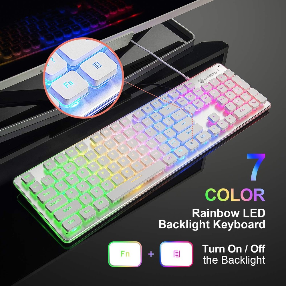 LANGTU Membrane Gaming Keyboard, Rainbow LED Backlit Quiet Keyboard for Office,