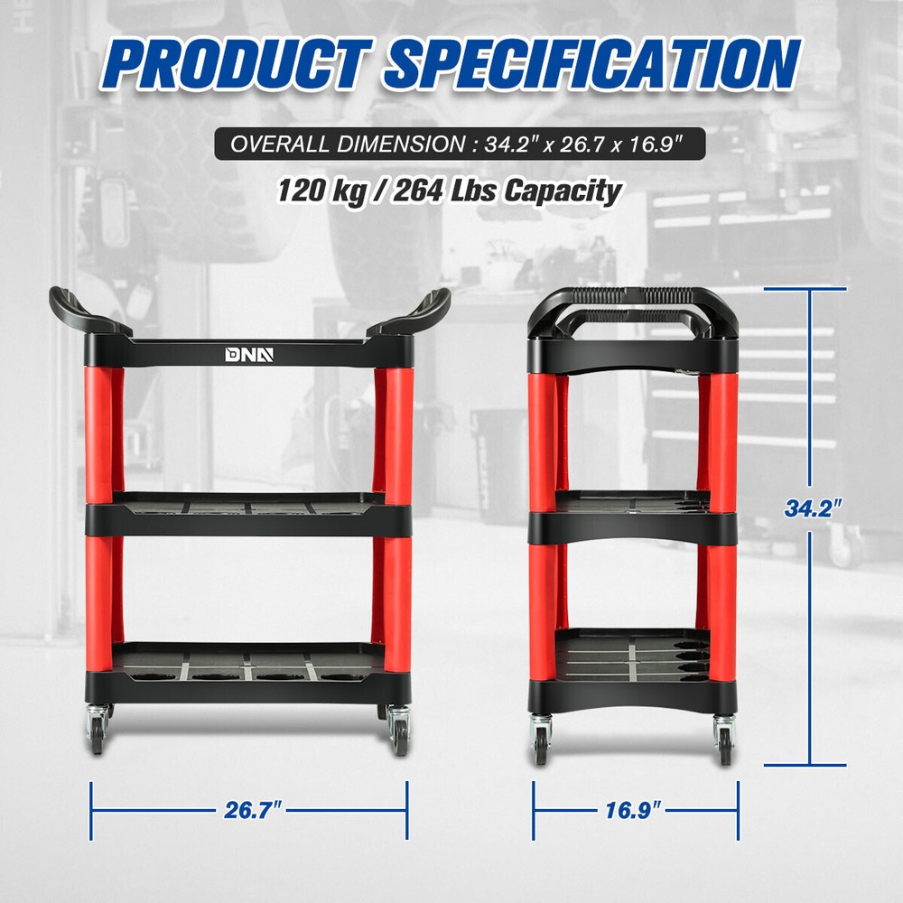 3-Level 264.5lbs Composite Workshop Trolley PP Portable w/Wheels for Workshop