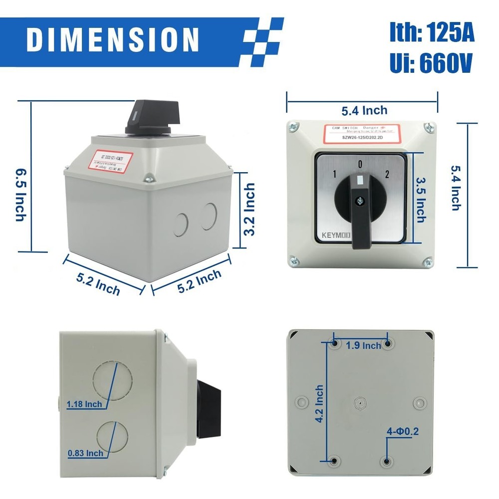 125A Rotary Changeover Switch with Master Switch Exterior Box, 660V 3 Position..