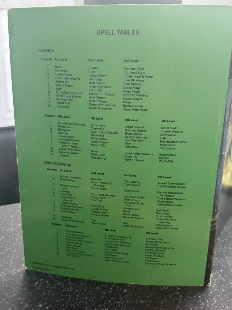 Advanced Dungeons & Dragons 9146 Player's Reference Screen D&D 1985 TSR