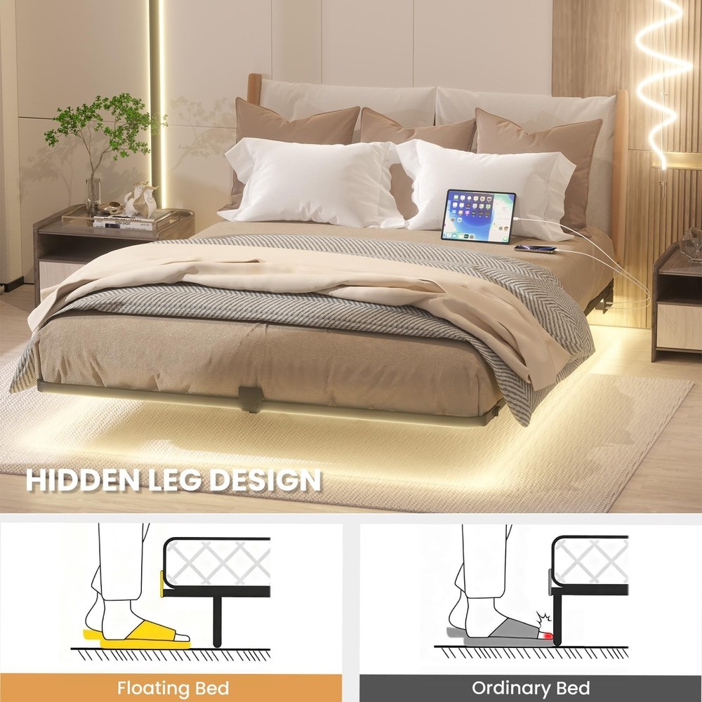 Full Size Floating Bed Frame with LED Lights, Heavy Duty Metal Platform Float...