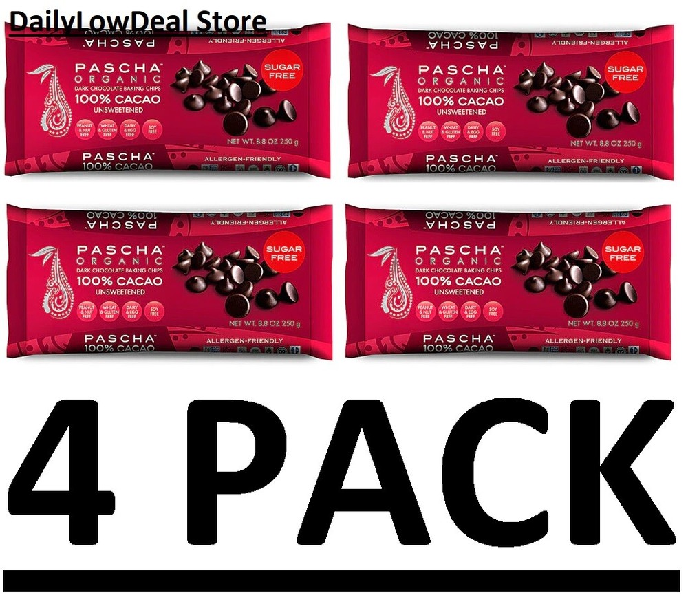 4 PACK - PASCHA Organic Dark Chocolate Chips, 100% Cacao - Unsweetened, 8.8 Oz
