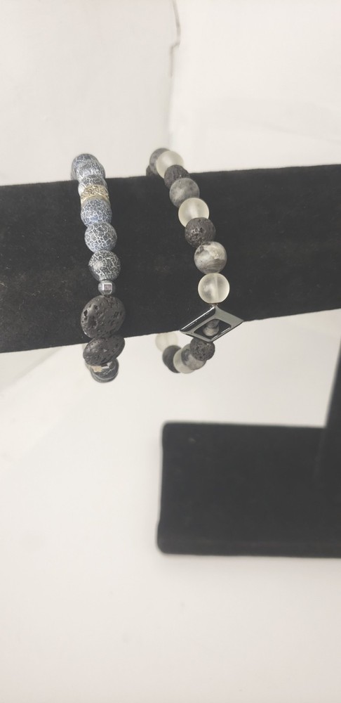 Beaded Stackable Gemstone Bracelet Set| Lava Stone & Cracked Agate Bracelets