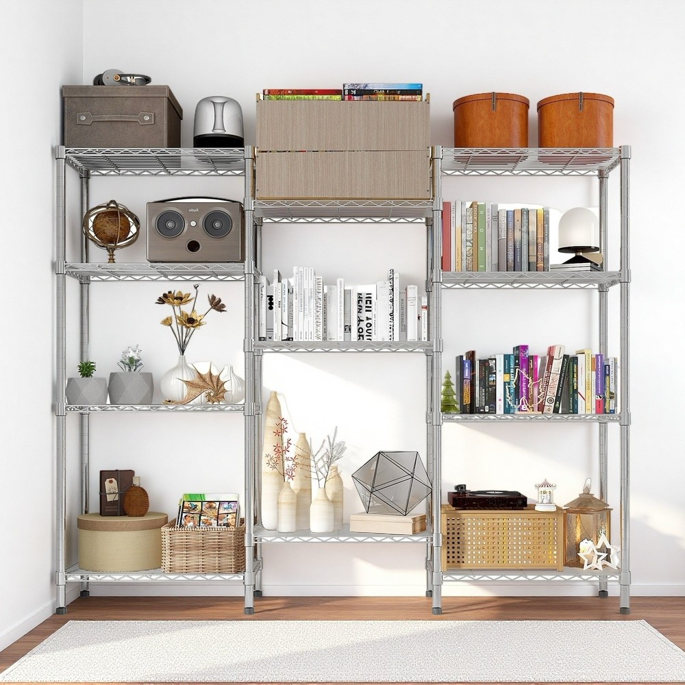 4-Tier Wire Shelving Unit - 3-Column, Heavy Duty, Adjustable, Modular & Silver